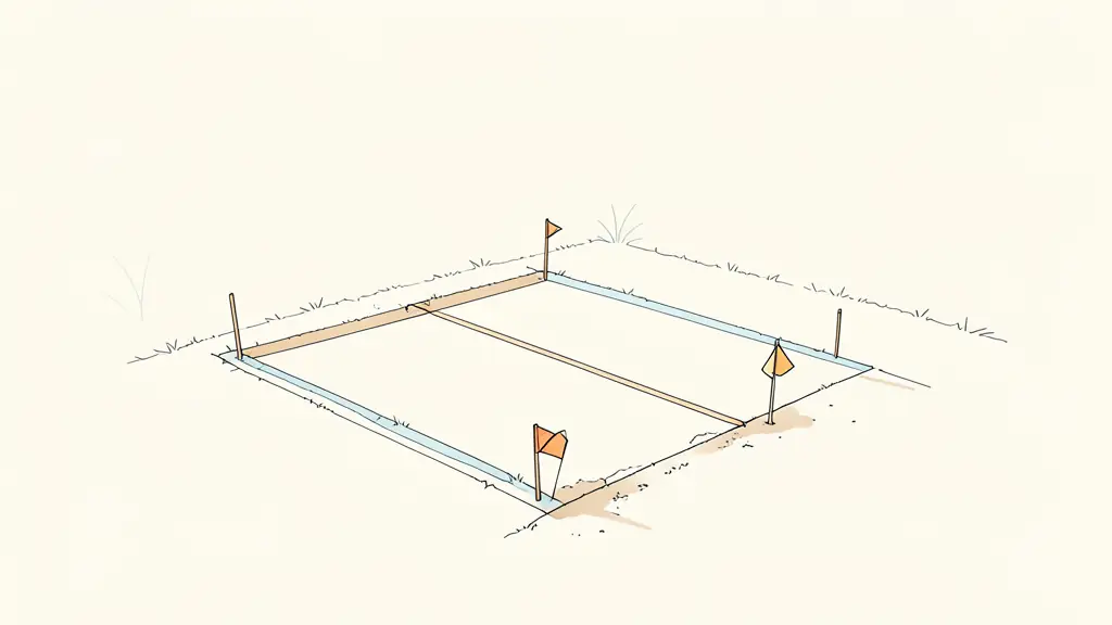 Residential backyard with surveyed corner stakes, a proposed shed footprint marked by string lines, and utility marking flags near the digging area, no text or logo