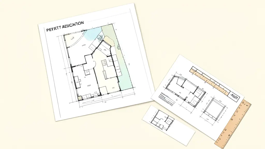 Permit application workspace with a scaled residential site plan, shed framing drawings, and an architectural scale on a desk, no text or logo