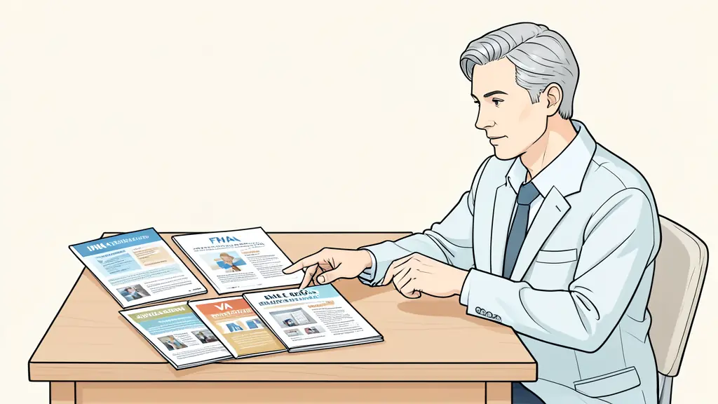 A professional consultant pointing to a variety of loan product brochures on a wooden desk, including FHA, VA, and single-close option labels.