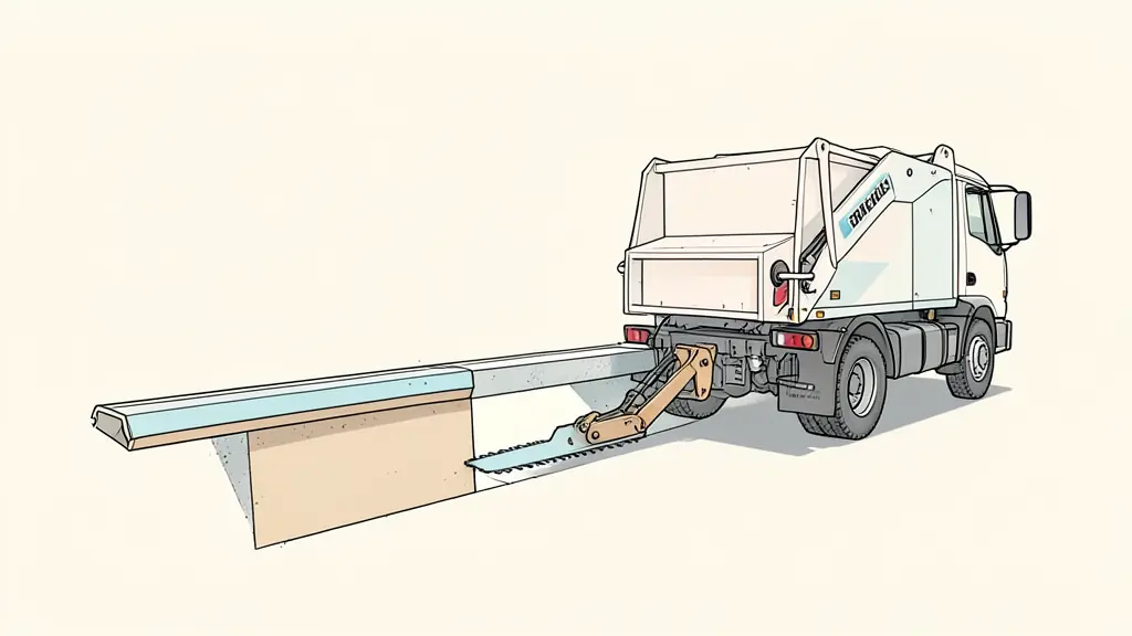 Specialized curb-cutting truck beside a concrete curb, rear-mounted hydraulic saw aligned with a marked driveway opening, exposed gutter channel