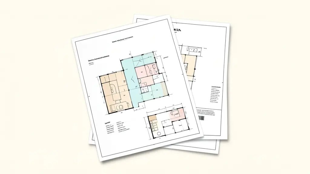 Overhead editorial photograph of a residential deck application packet with a dimensioned site plan, footing layout, and material specifications spread across a drafting table, no text or logos