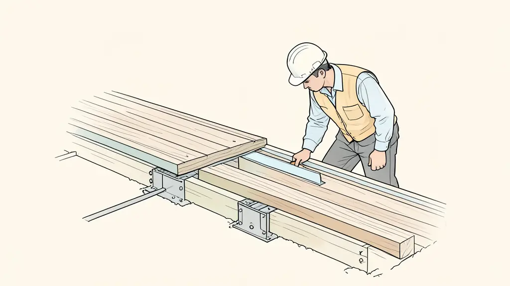 Editorial photograph of a municipal inspector examining exposed deck footings, ledger flashing, and joist connectors at a residential construction site, no text or logos