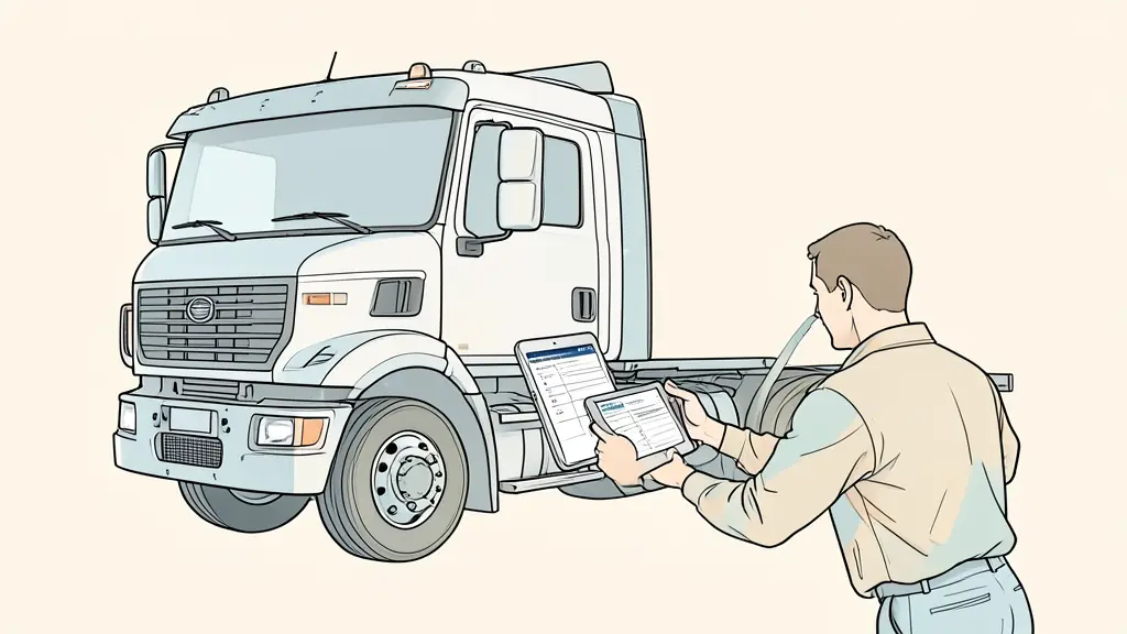 A technician performing a preventive maintenance check on a heavy-duty truck with a digital tablet displaying a maintenance checklist