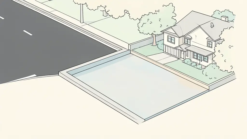 A high-angle editorial shot showing the transition from a city asphalt street, through a concrete curb cut, and across a sloped concrete driveway apron onto a residential property.