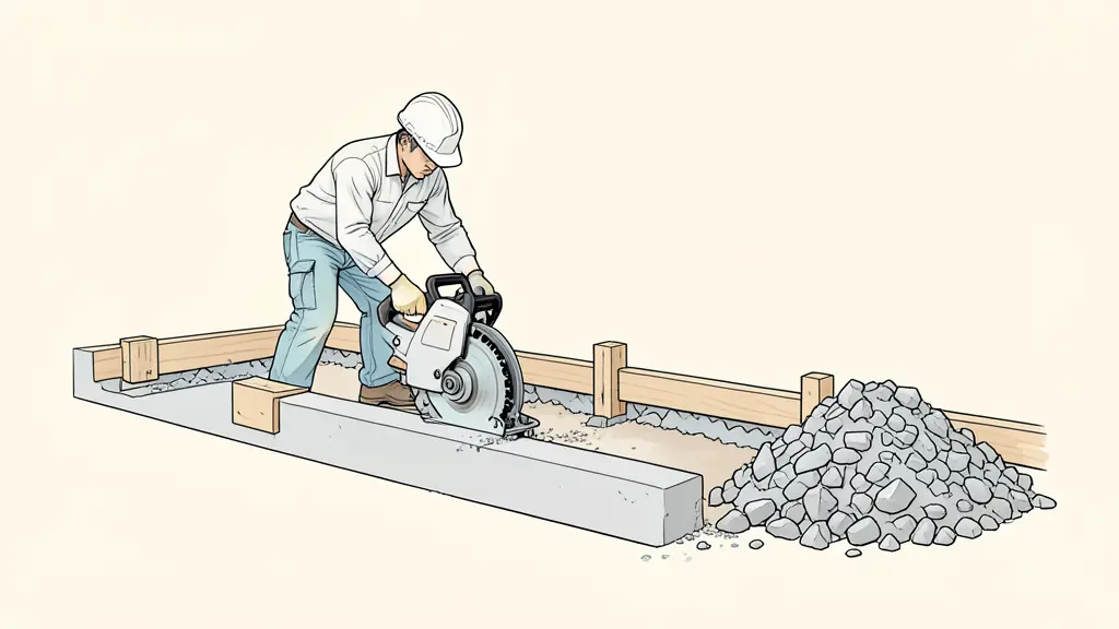 A construction scene showing a professional contractor using a concrete saw to cut a curb, with wooden forms already in place for the driveway apron and a pile of crushed stone for the sub-base.