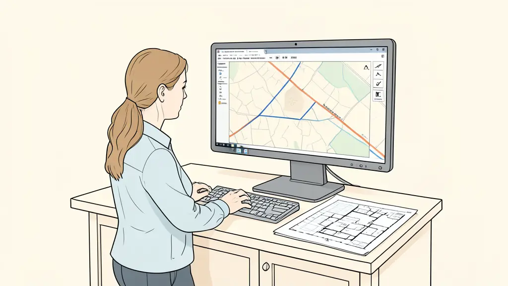 Homeowner reviewing a county parcel map at a permit counter, boundary lines visible on a computer screen, building plans and a property survey on the desk, no text or logos
