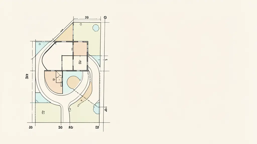 Residential site plan beside a septic layout and driveway entrance sketch, survey stakes marking property setbacks on a rural parcel, no text or logos