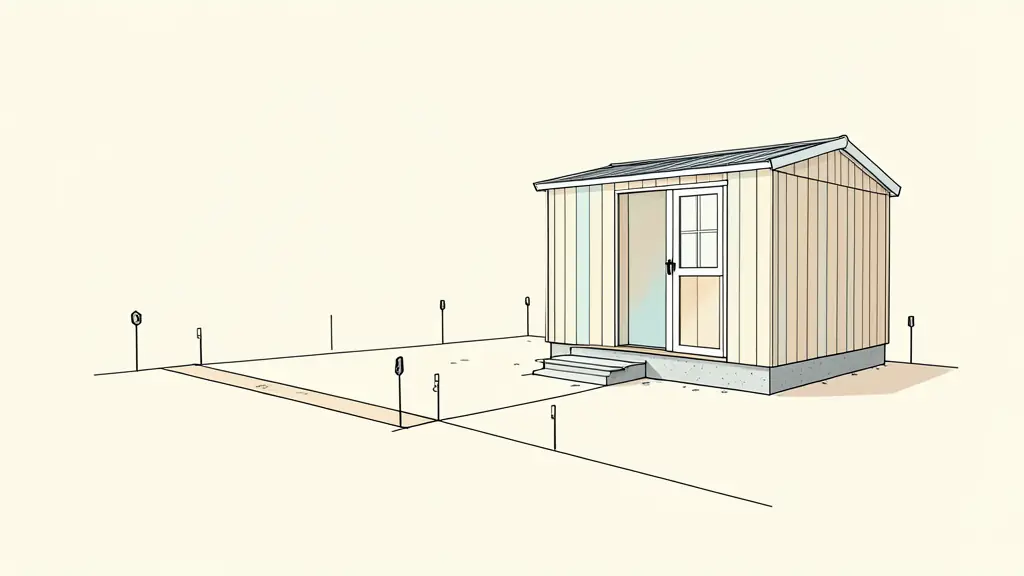 Residential backyard with a compact detached shed, visible property boundary markers, and a concrete foundation under construction