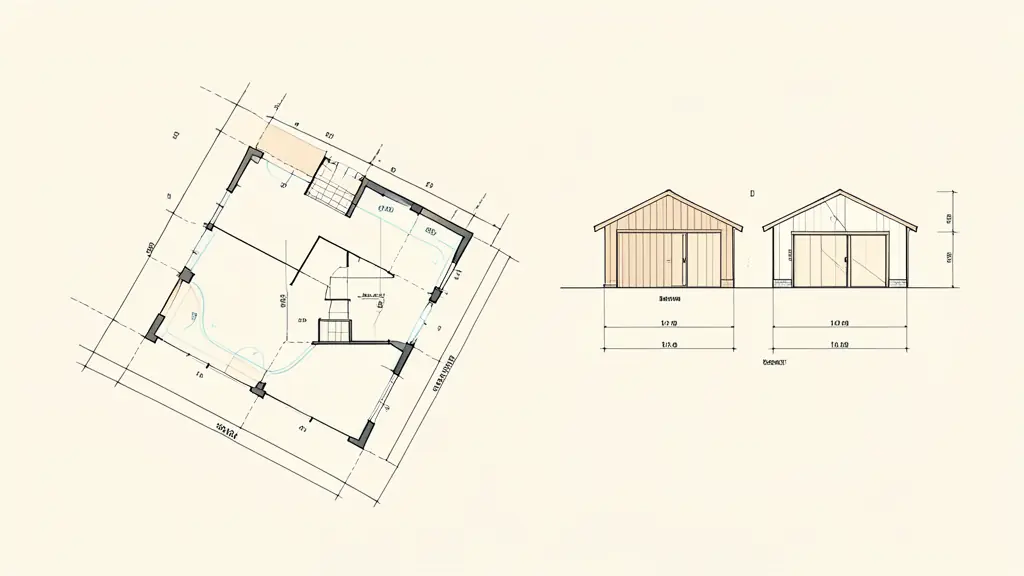 Scaled residential site plan beside shed construction drawings, with property lines, utility locations, and setback measurements clearly depicted without readable text