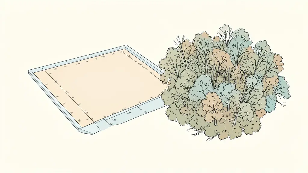 A wide aerial shot of a suburban development showing a clear contrast between a cleared, staked building lot with a concrete curb and a dense, overgrown piece of raw woodland nearby.