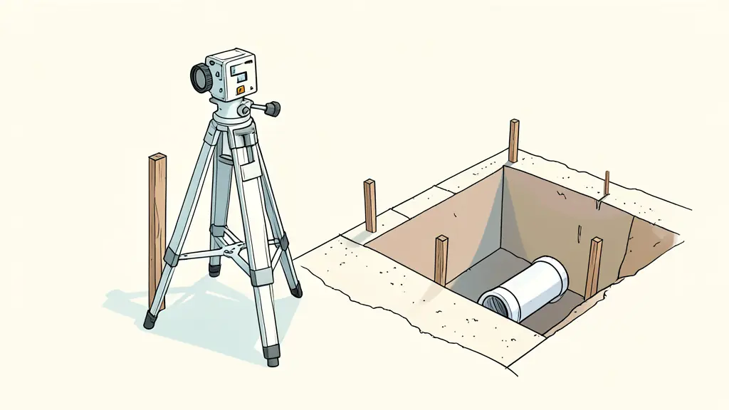 A close-up photograph of a construction surveyor's transit level and wooden stakes marking the boundaries of a lot, with an open utility trench nearby showing PVC piping for water and sewer.