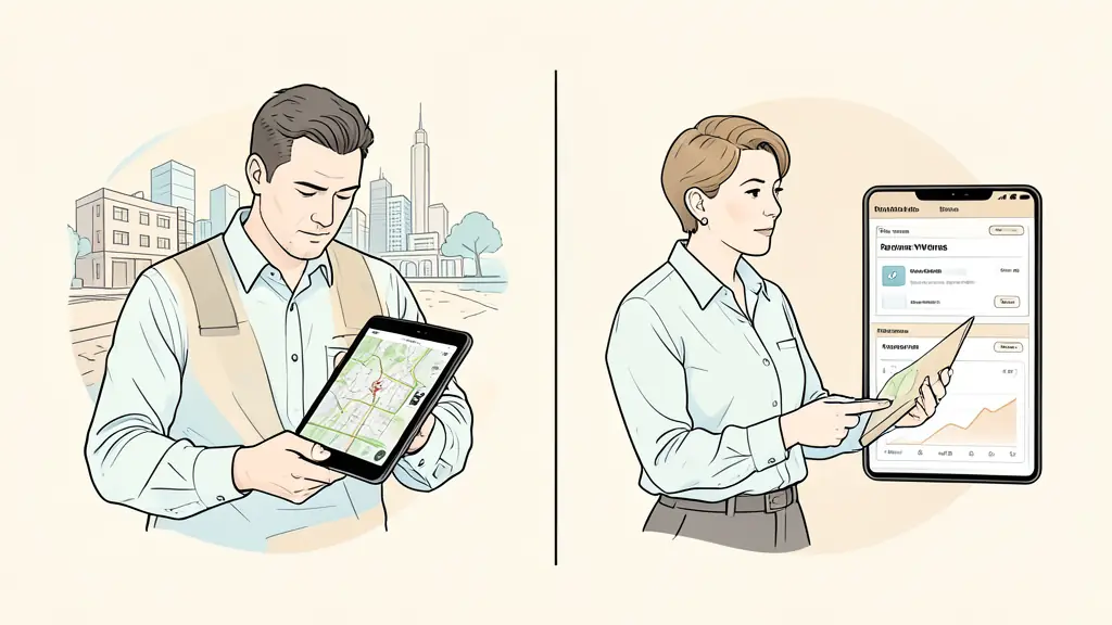A professional split-screen view showing a construction site manager using a tablet for computer vision mapping and a property manager analyzing a digital dashboard of rental yields.