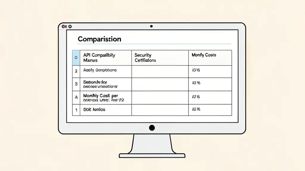 A close-up of a professional comparison matrix on a computer screen, highlighting columns for API compatibility, security certifications, and monthly cost per unit.