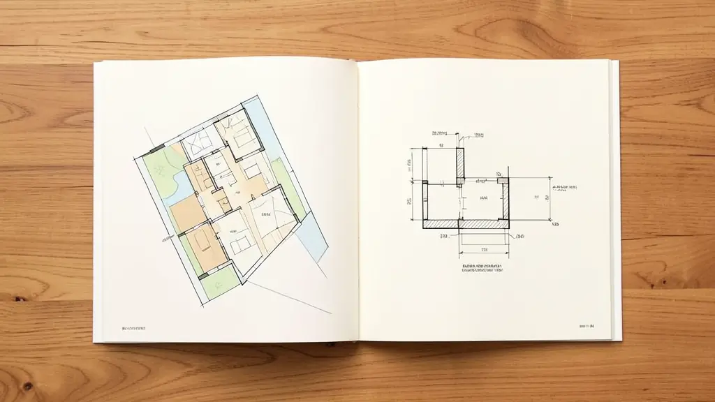 A professional architectural plan set spread across a wooden table, showing a detailed site plan and a foundation drawing with technical annotations.