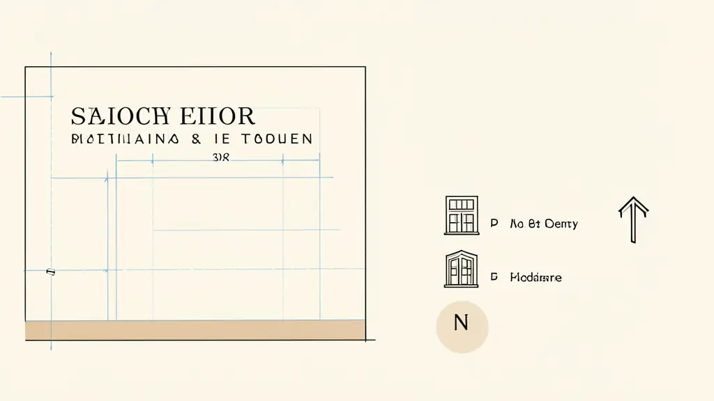 Close-up of a blueprint title block and a legend section, featuring architectural symbols for doors, windows, and a north arrow.