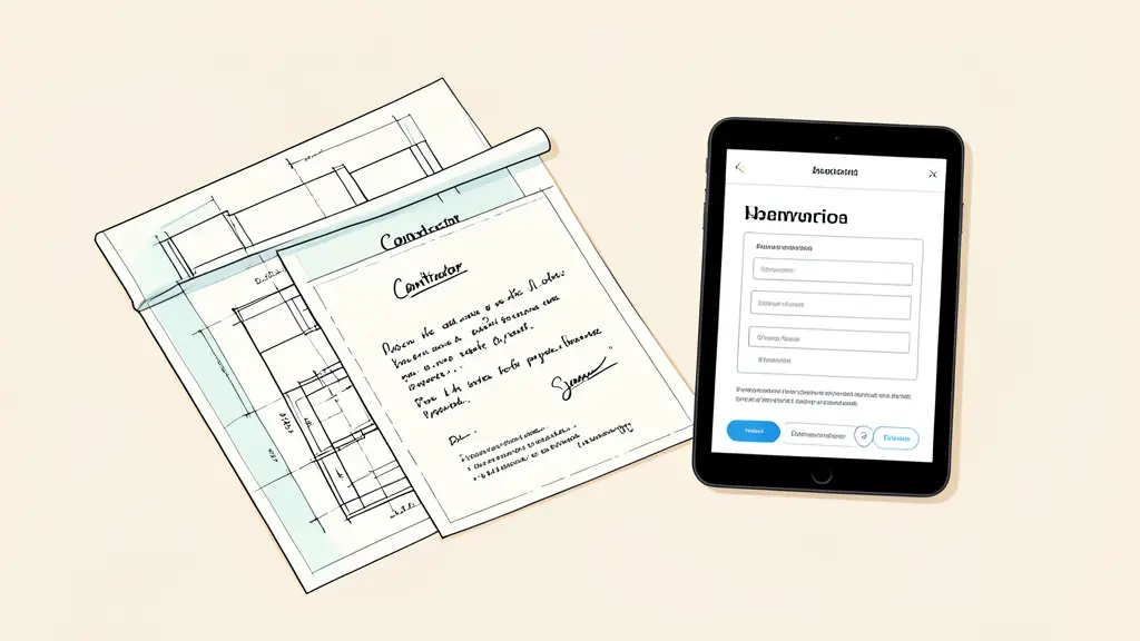 A professional desk with a construction blueprint, a signed contractor quote, and a tablet displaying a digital application form.